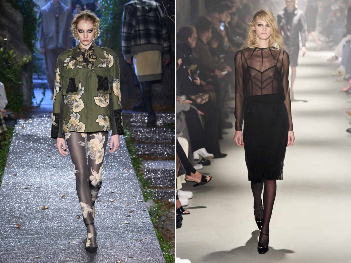 Najmodniejsze czółenka z kolekcji projektantów. Stylizację z kolekcji Antonio Marras wieńczyły rajstopy z nadrukiem w kwiaty. Z kolei marka N°21 stawia na zmysłowy look skomponowany z prześwitującej bluzki, spódnicy i czółenek w parze z rajstopami.