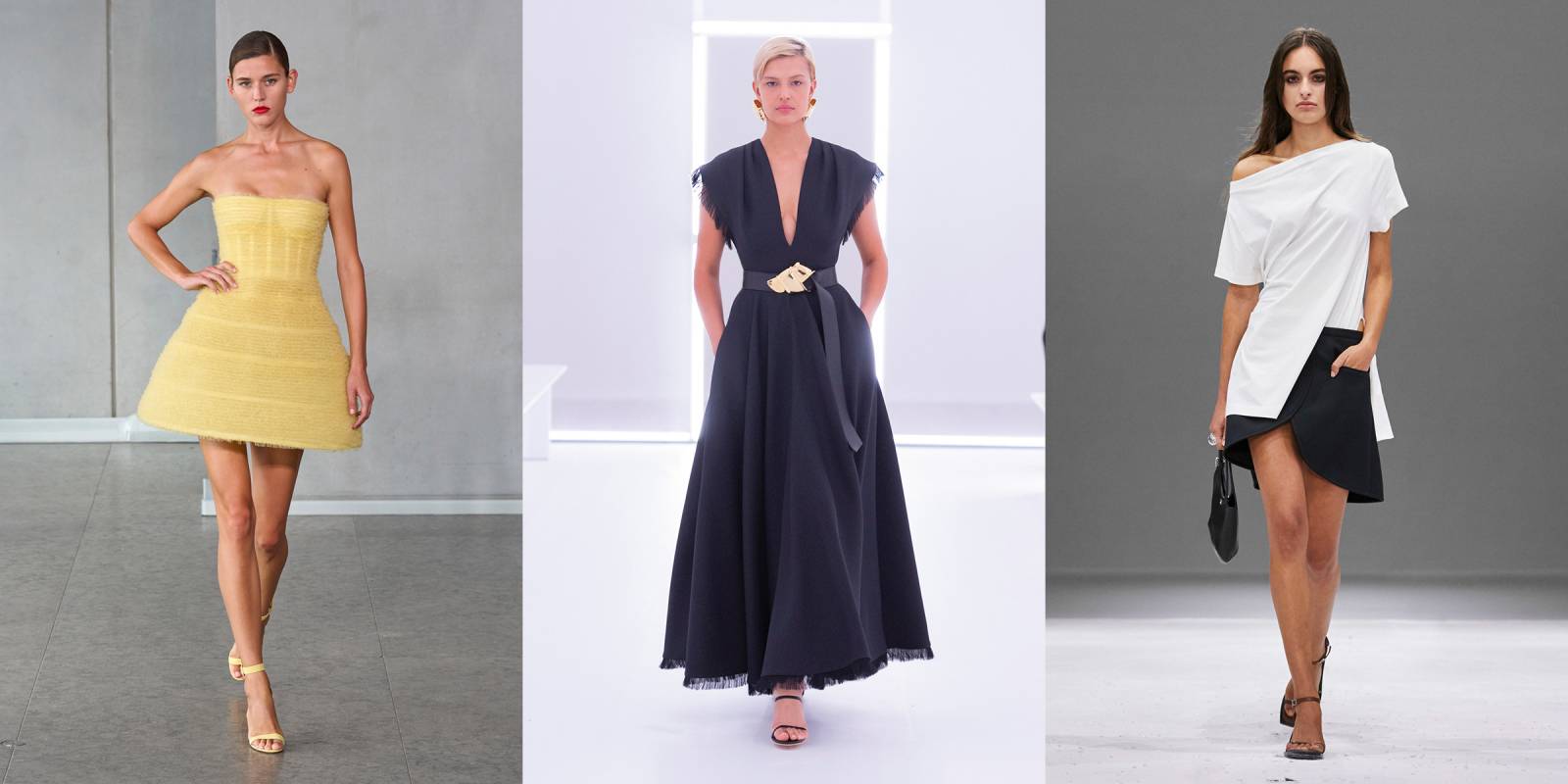 Od lewej: Carolina Herrera, Brandon Maxwell, Courreges wiosna-lato 2024 (Fot. Spotlight. Launchmetrics / Agencja FREE)