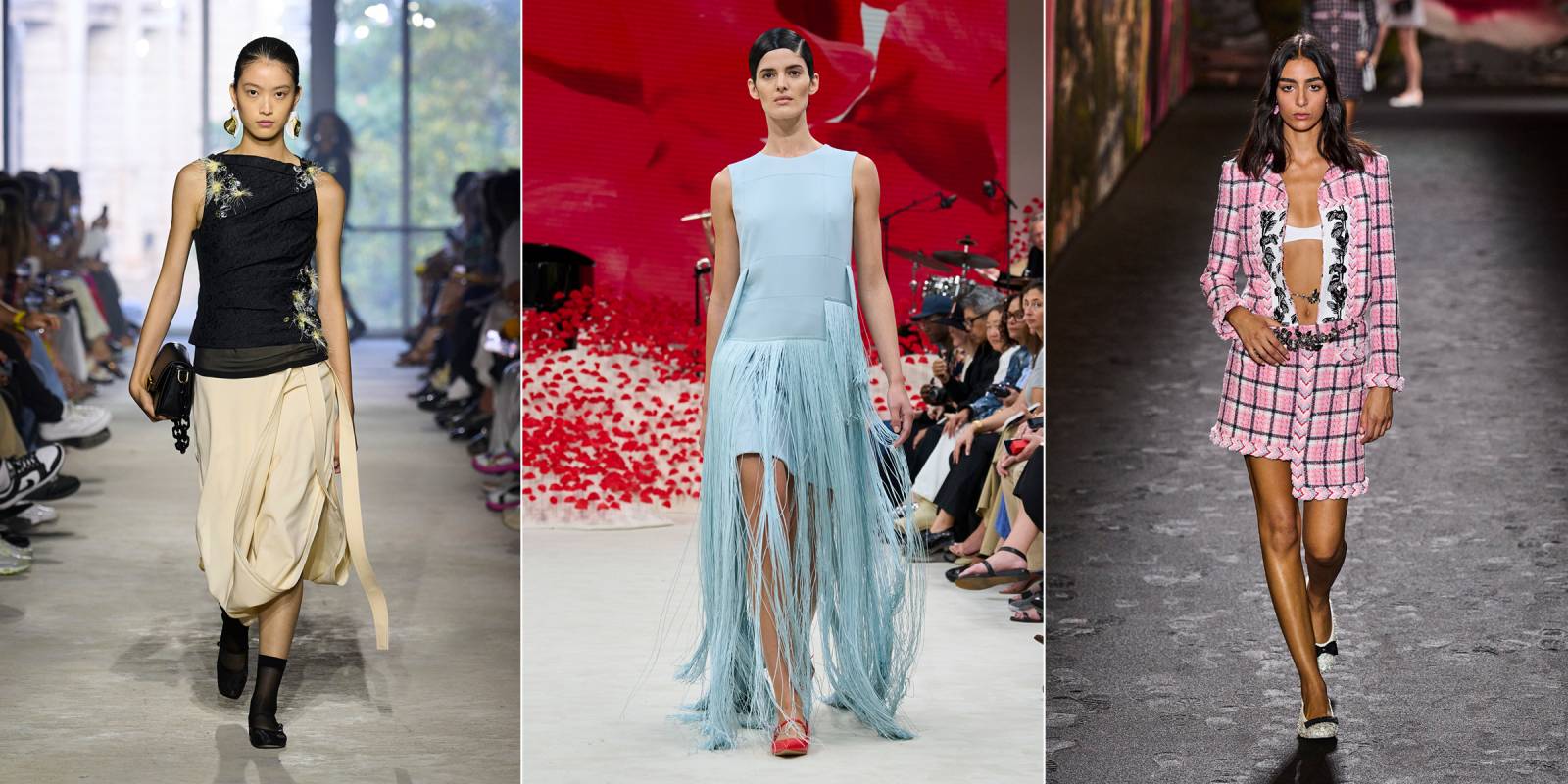Od lewej: Phillip Lim, Akris, Chanel wiosna-lato 2024 (Fot. Spotlight. Launchmetrics / Agencja FREE)