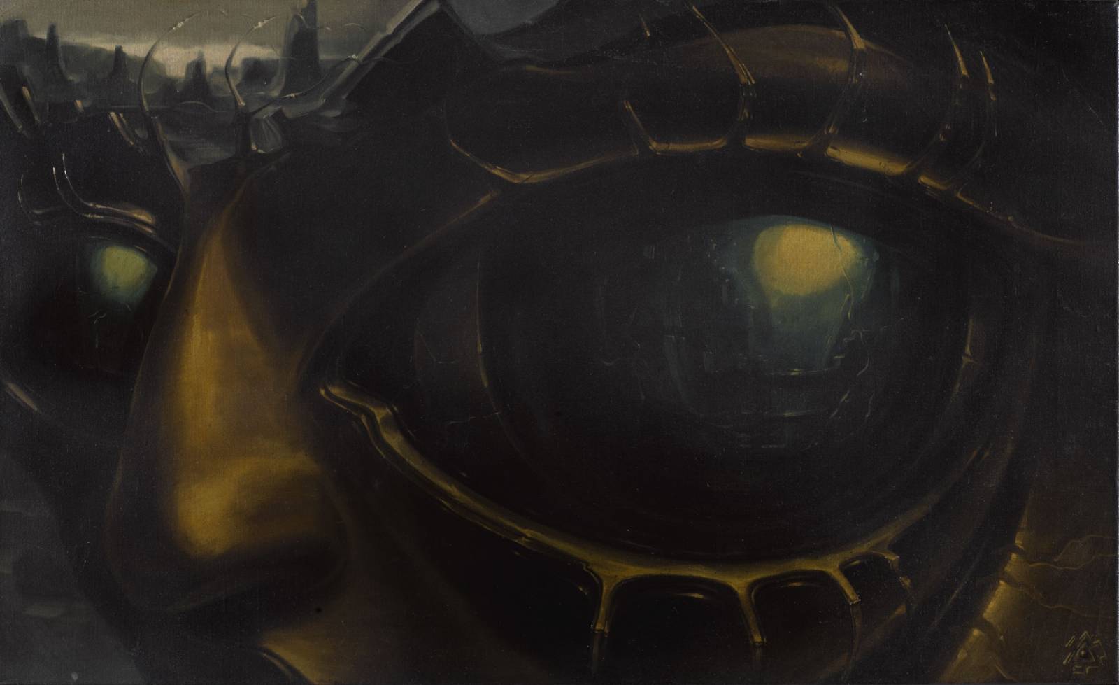 „Autoportret bez tytułu (Oko zagłady)”, sygnowany znakiem Hożej Moyry, 60 x 100 cm, olej na płótnie, 1985
