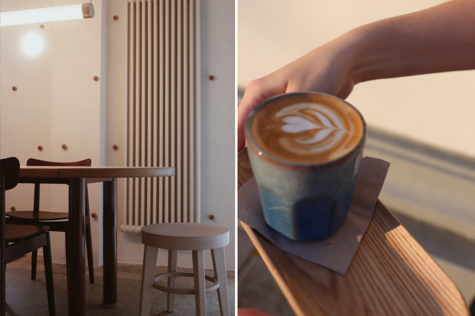 Kawiarnia Namo Bakery w Warszawie, minimalistyczne wnętrze oraz kawa z pięknym wzorem na piance.