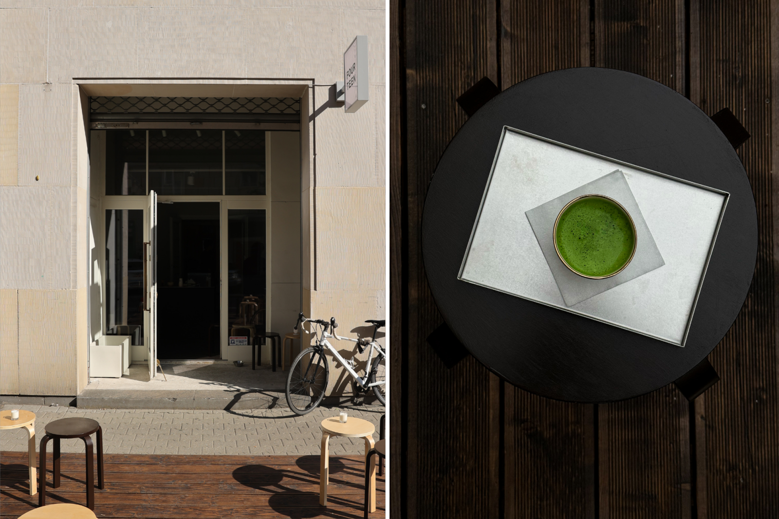 Kawiarnia Café Fourteen w Warszawie z widokiem na otwarte drzwi i zieloną herbatę na stole.