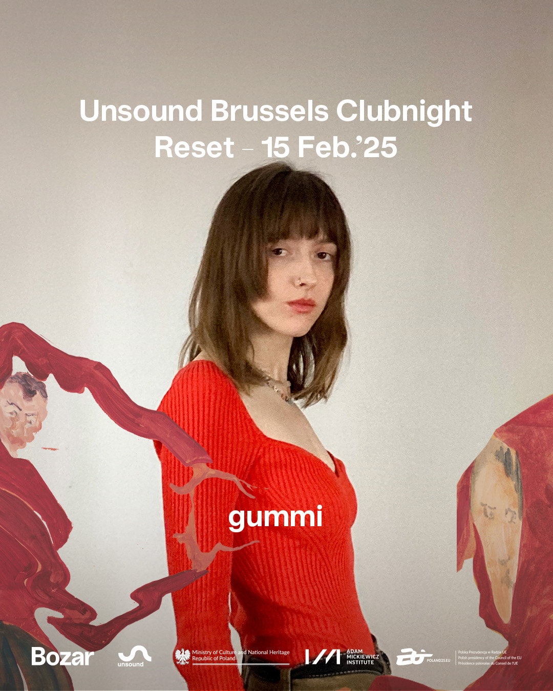Plakat promujący wydarzenie Unsound Brussels Clubnight z wizerunkiem osoby w czerwonym swetrze oraz abstrakcyjnymi elementami graficznymi.