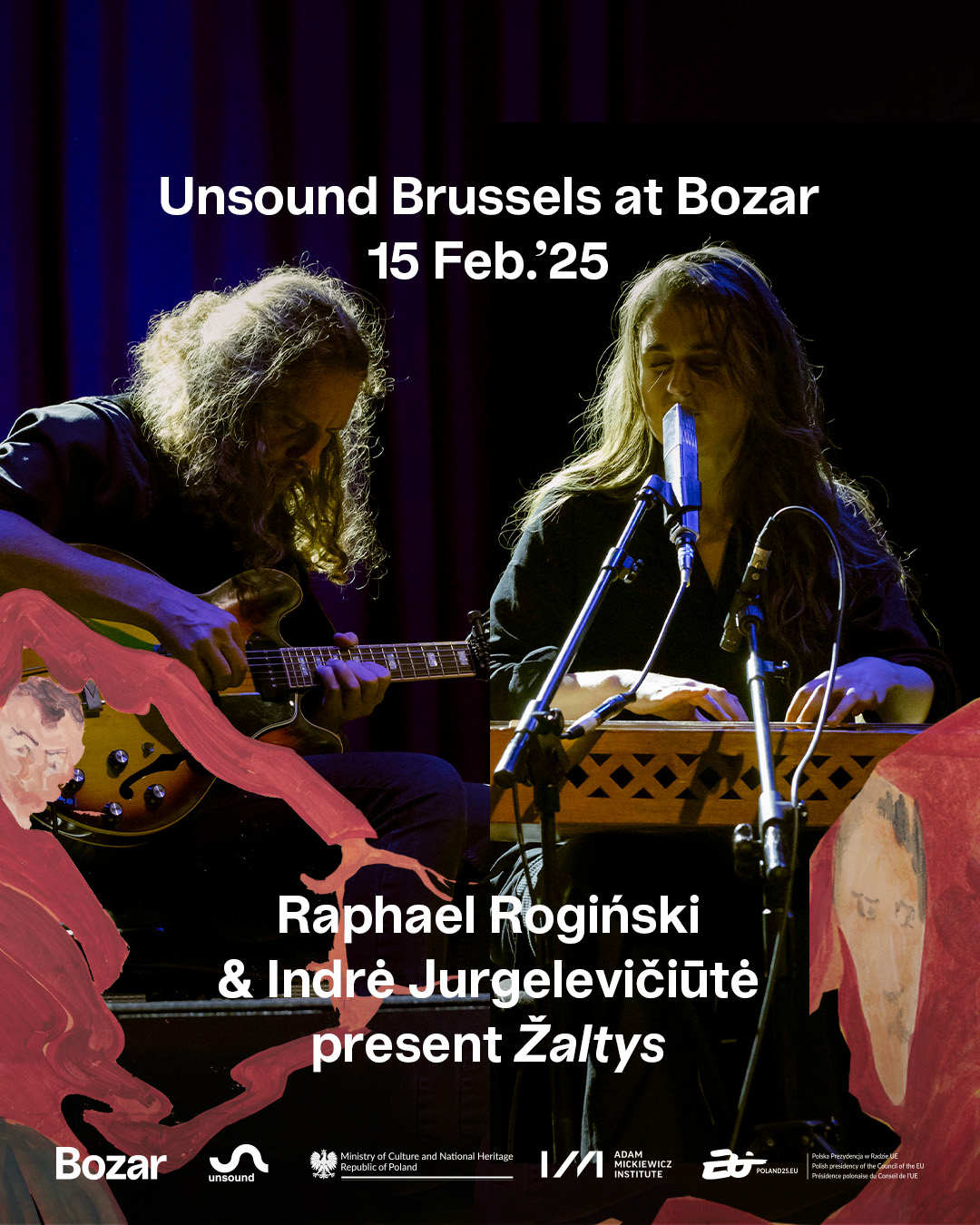 Dwóch muzyków grających na instrumentach, z tłem w odcieniach niebieskich. Wydarzenie "Unsound Brussels" w Bozar, 15 lutego 2025.