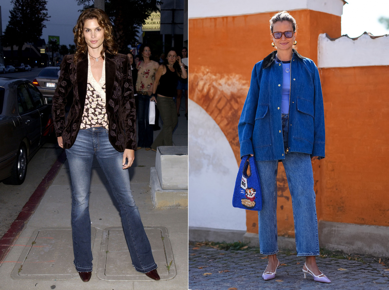 Po lewej: Cindy Crawford w prostych jeansach i butach z ostrym noskiem pokazuje idealną stylizację na randkę (Fot. Jean-Paul Aussenard; Edward Berthelot / Getty Images)