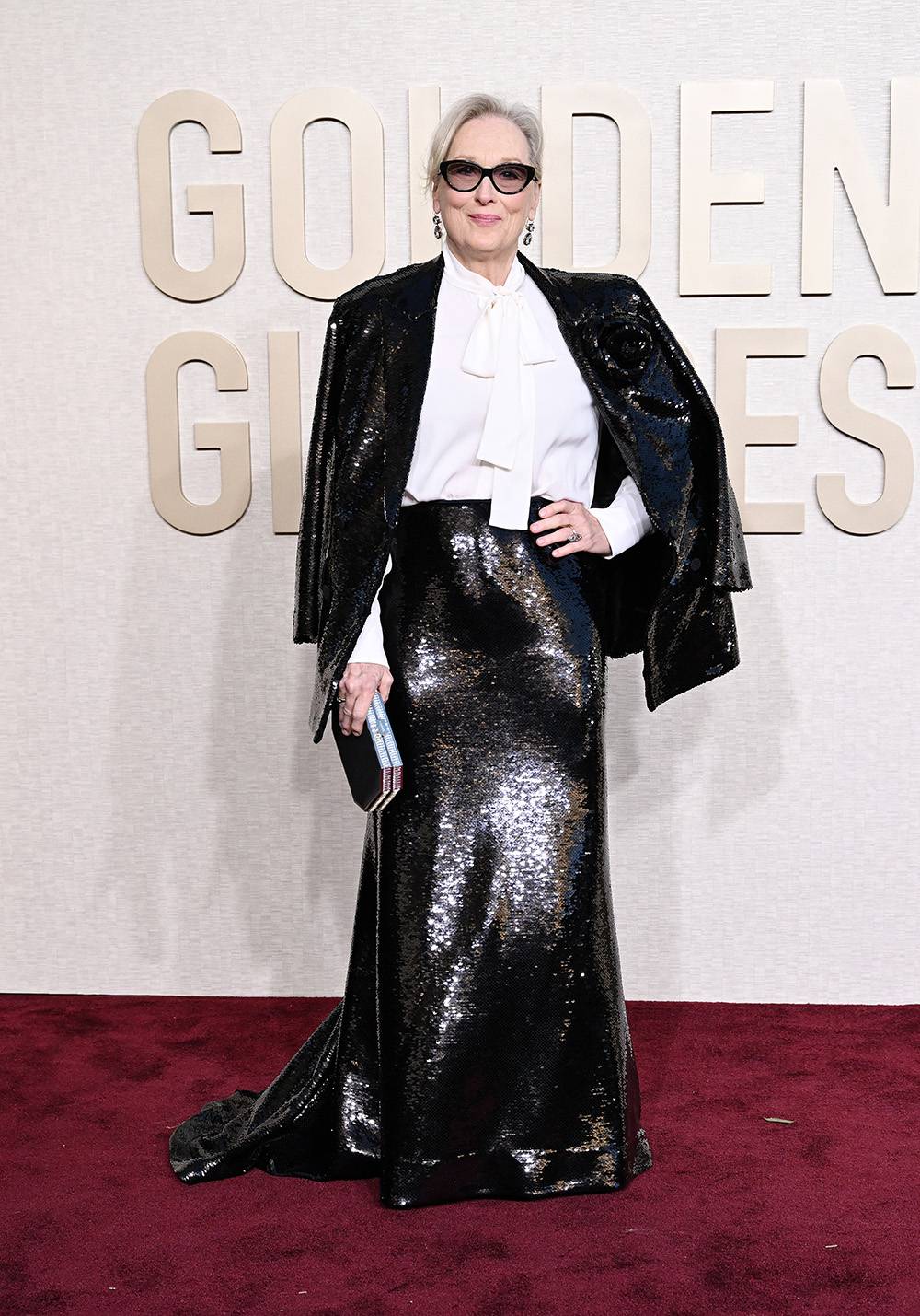 Czarna kreacja Meryl Streep została przełamana bielą, Fot. Getty Images