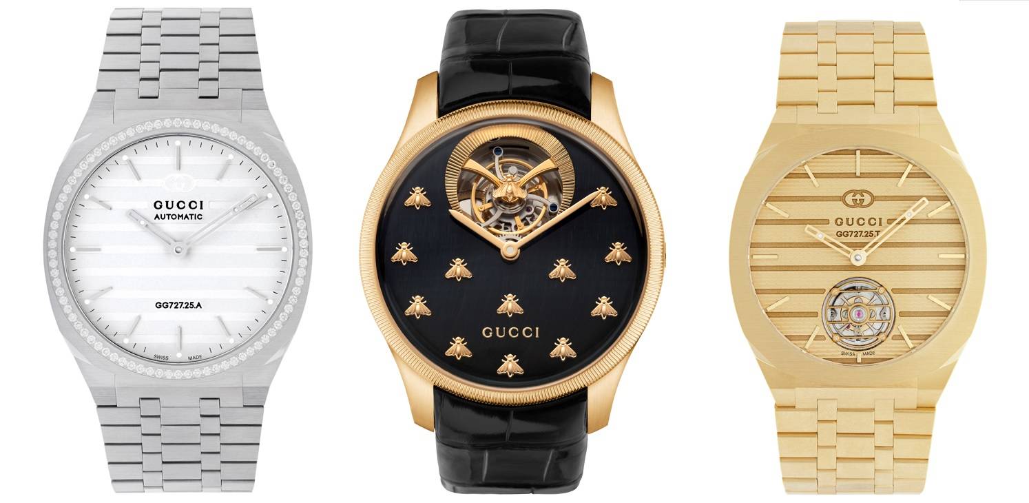 Od lewej: GUCCI 25H Steel z diamentami, G-Timeless Dancing Bees Tourbillon z żółtym złotem, GUCCI 25H Tourbillon z żółtym złotem (Fot. materiały prasowe)