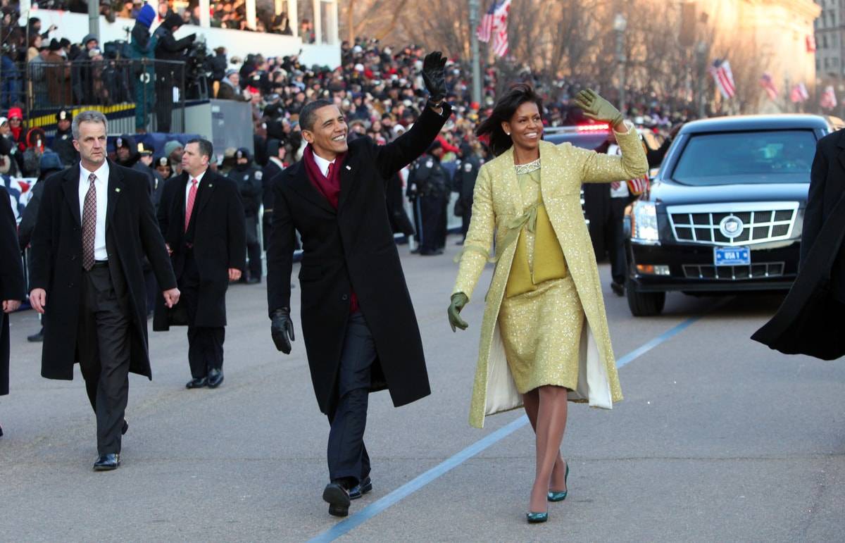 Michelle Obama w sukience projektu Isabel Toledo podczas Parady Inauguracyjnej (Fot. Doug Mills-Pool/Getty Images)