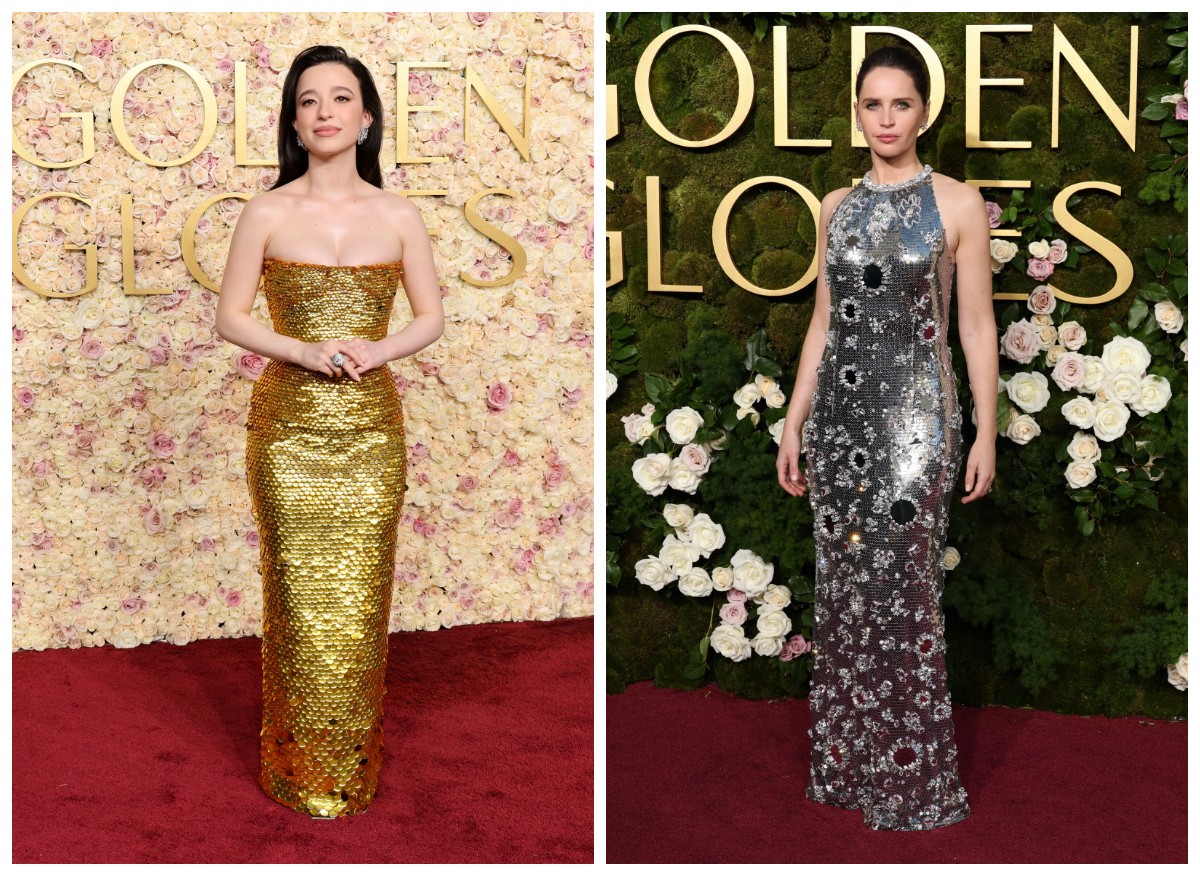 Mikey Madison w złotej sukni i Felicity Jones w srebrnej kreacji Prady na gali rozdania Złotych Globów 2025 (Fot. Amy Sussman/Getty Images, Kevin Mazur/Getty Images)