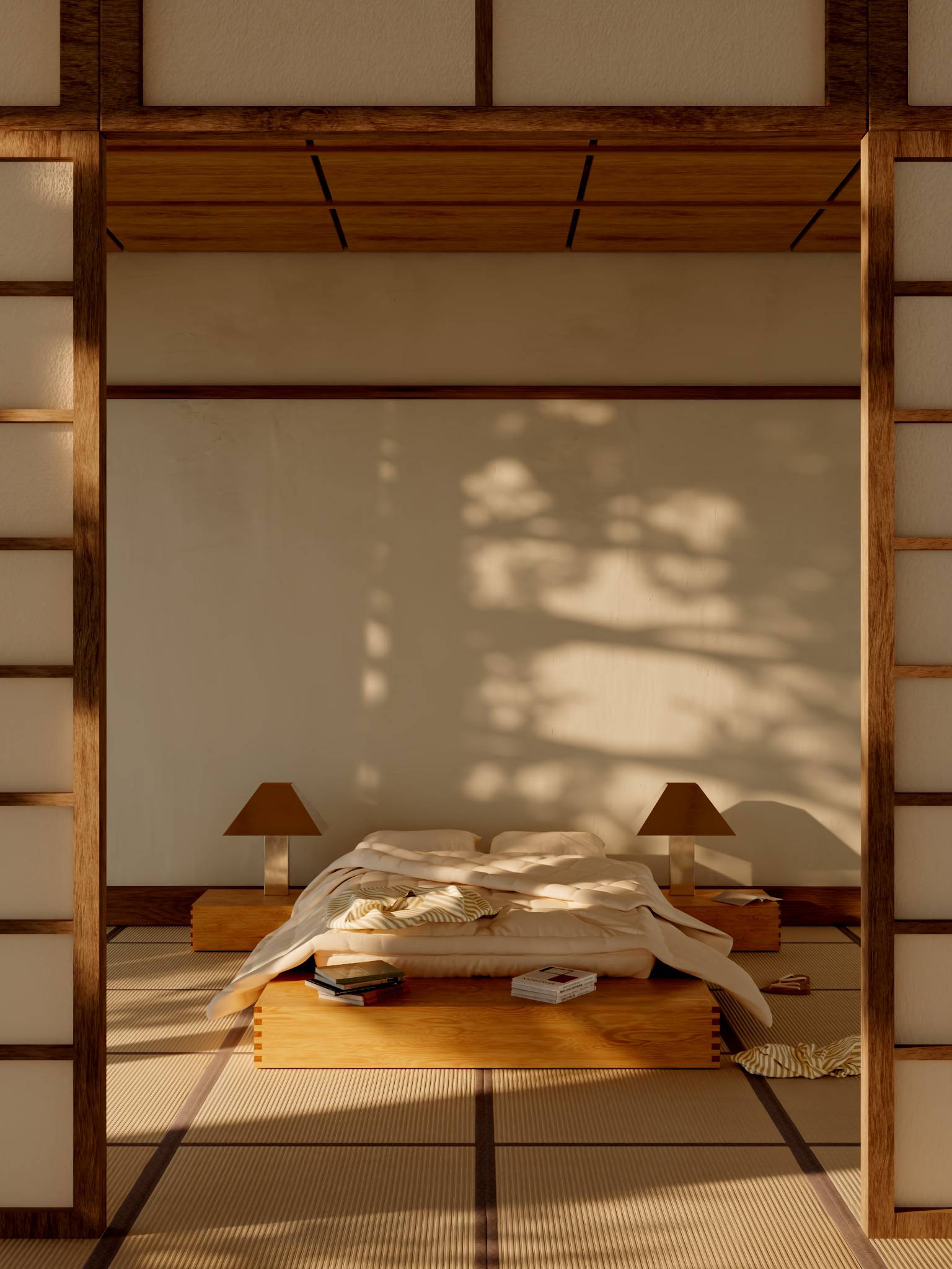 Sypialnia w tokijskim Ryokan House, współpraca z Sarah Castay.