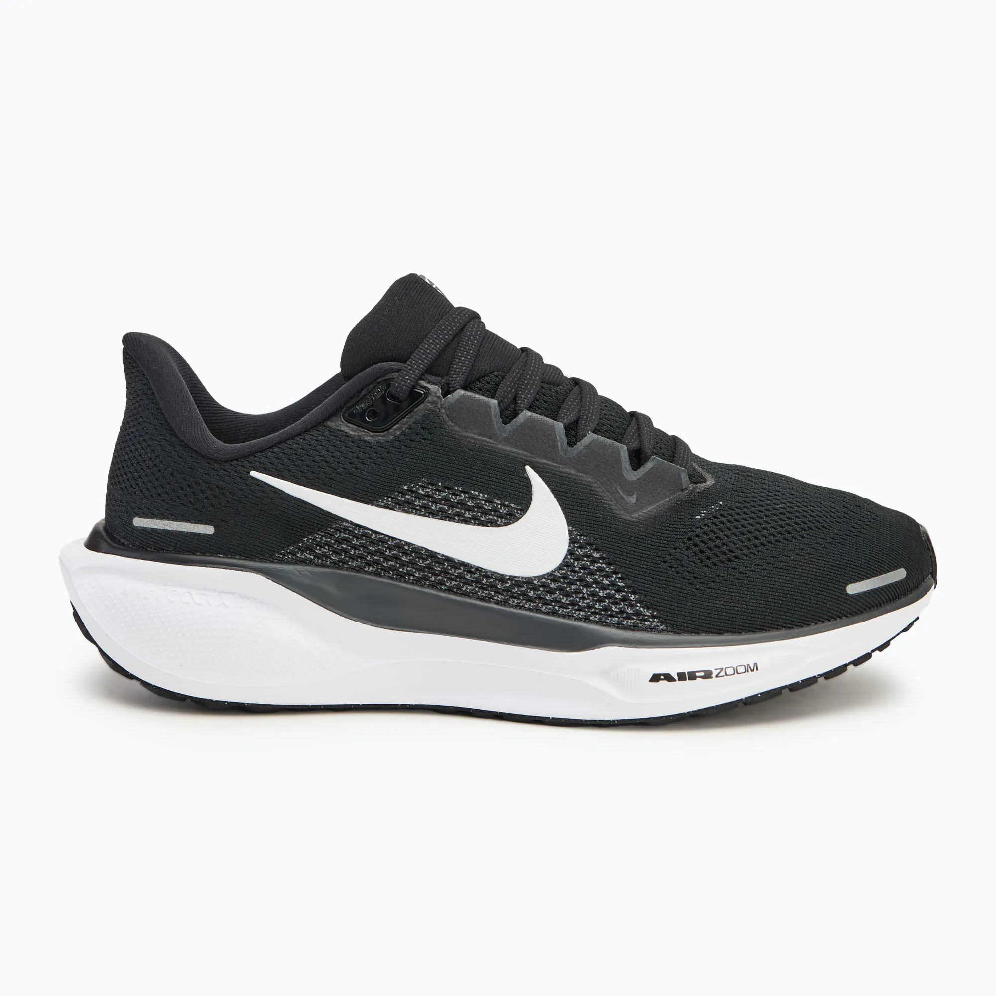 Nike Pegasus 41 w kolorze czarnym z białym logo, z poduszką powietrzną Air Zoom. Idealne do biegania.