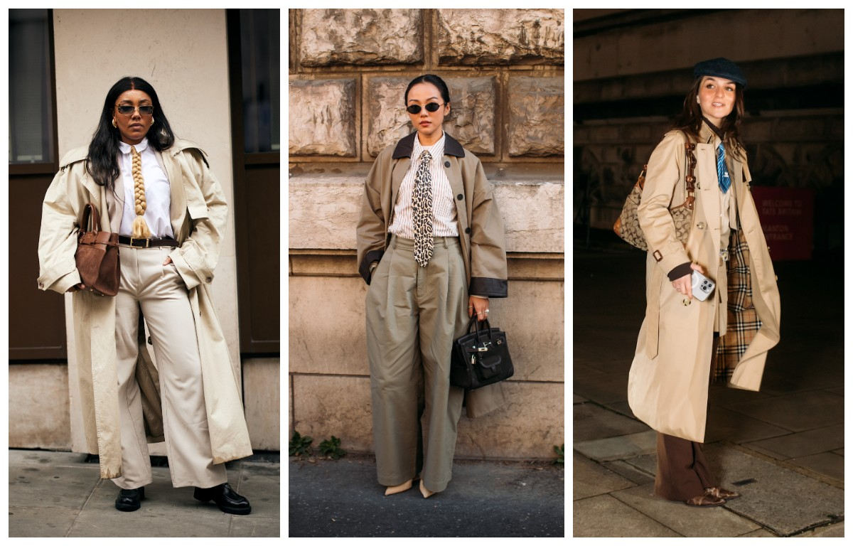 Trzy modelki w prochowcach, każda z unikalnym stylem, prezentują eleganckie zestawy w neutralnych odcieniach.