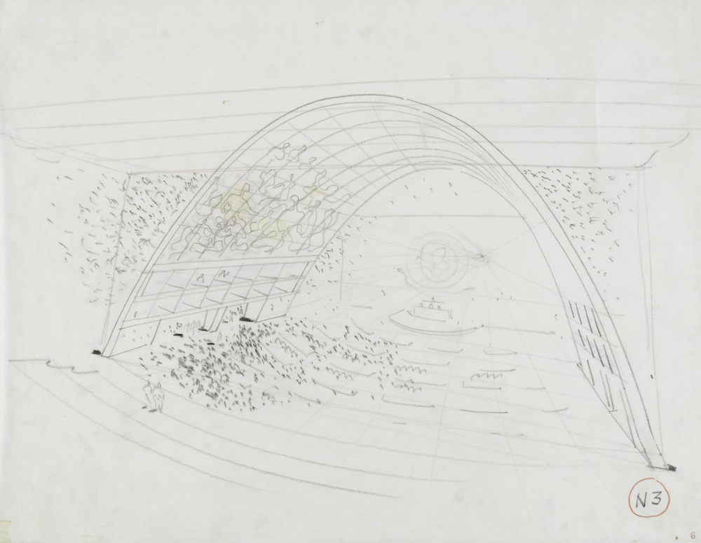 Projekt koncepcyjny sali Zgromadzenia Ogólnego Organizacji Narodów Zjednoczonych, 1947 (© Centre Pompidou, MNAM-CCI)