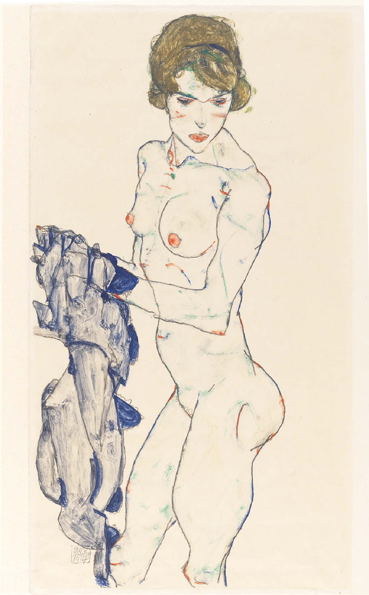 Egon Schiele. Nu féminin debout au tissu bleu, 1914