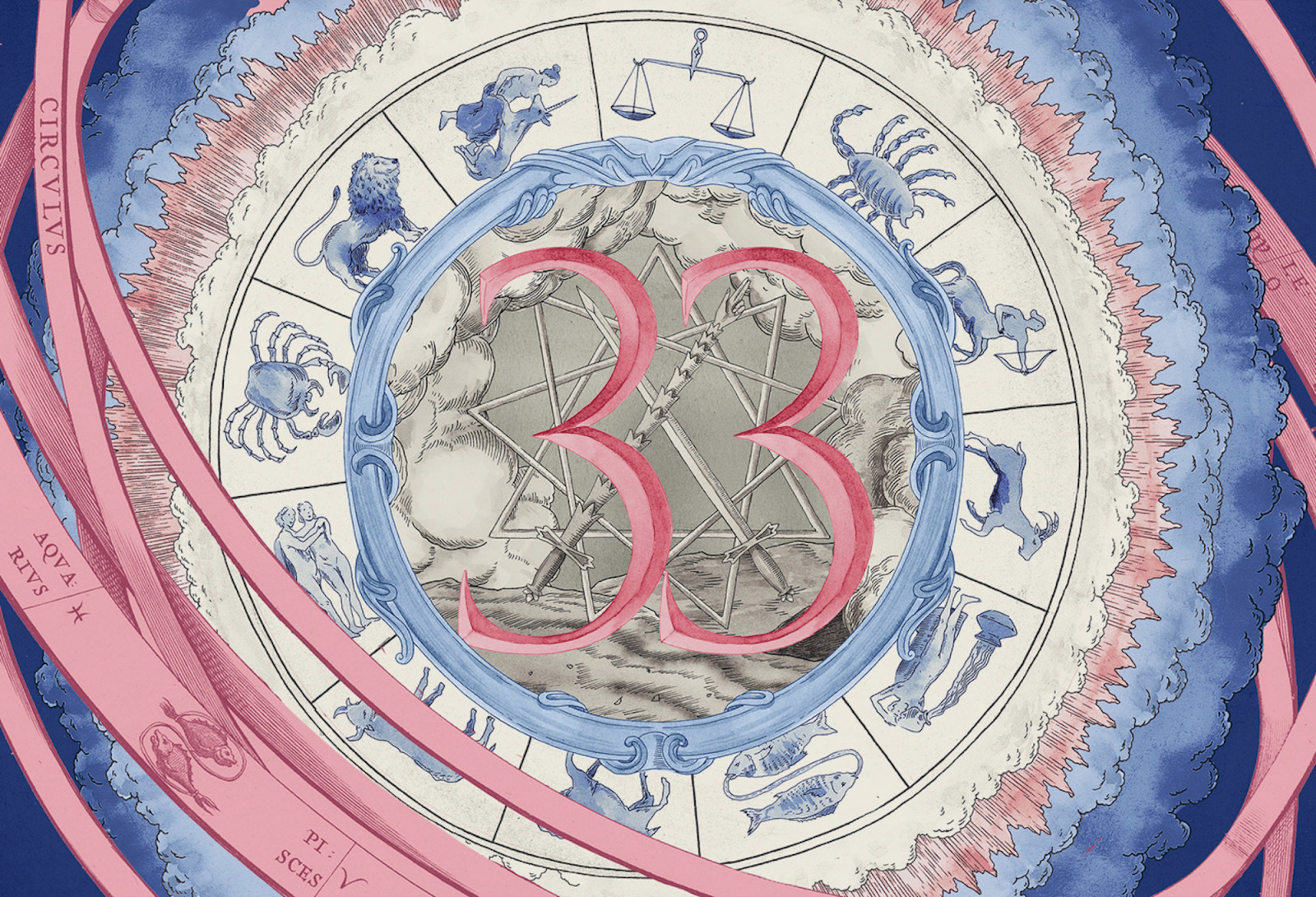 Numerologiczna liczba 33 umieszczona w centrum ilustracji z motywami astrologicznymi i symbolami zodiaku.