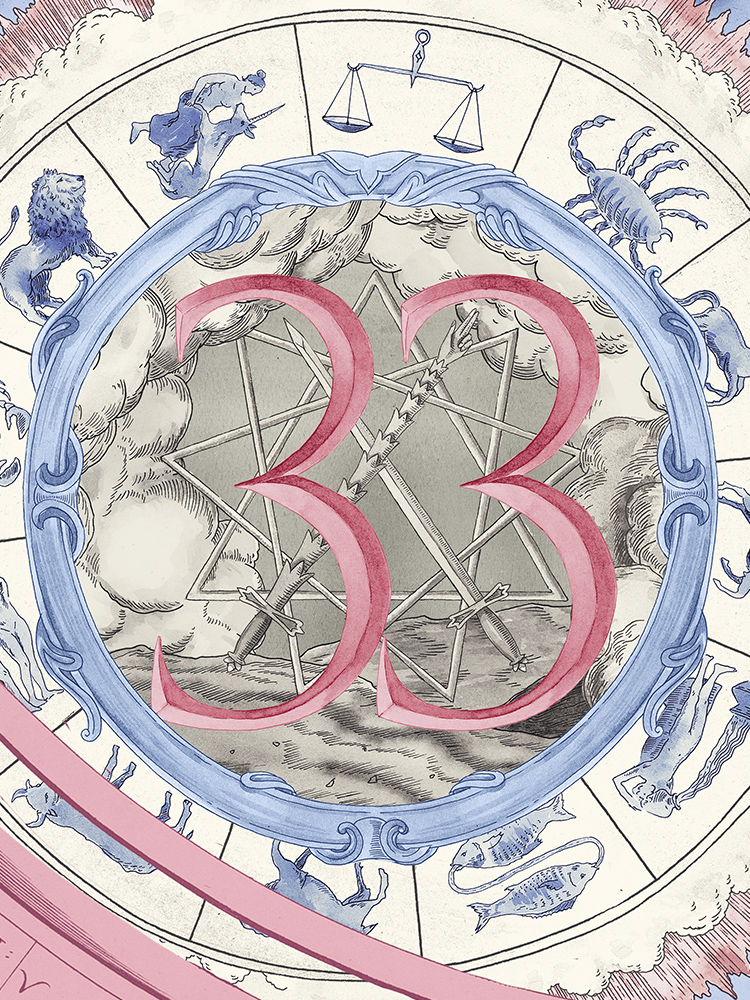 Numerologiczna liczba 33 umieszczona w okręgu, otoczona ilustracjami znaków zodiaku i symbolami.