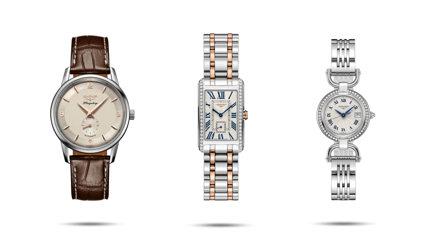 Od lewej: zegarek z linii Heritage, zegarek DolveVita z linii Elegance i zegarek z linii Equestrian (Fot. Materiały prasowe Longines)