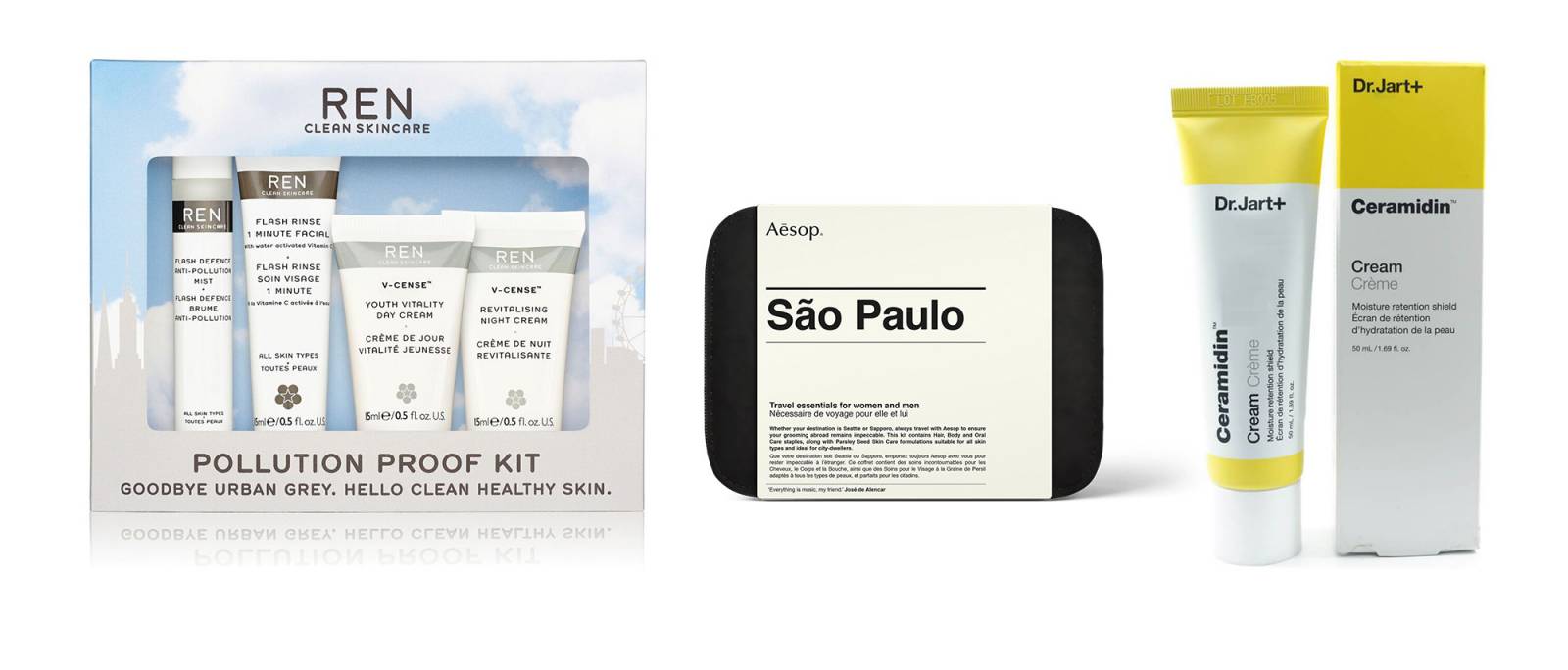 Ren Pollution Proof Kit, cent 115 zł; Aesop Sao Paulo City Kit, cent 285 zł; krem Ceramidin Dr. Jart, cena 169 zł (Fot. Materiały prasowe)