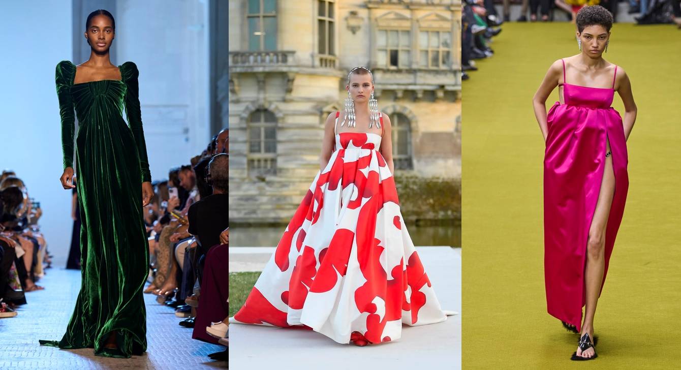 Kolekcje jesień-zima 2023-2024, od lewej: Elie Saab haute couture, Valentino haute couture, Gucci (Fot. Spotlight. Launchmetrics / Agencja FREE)