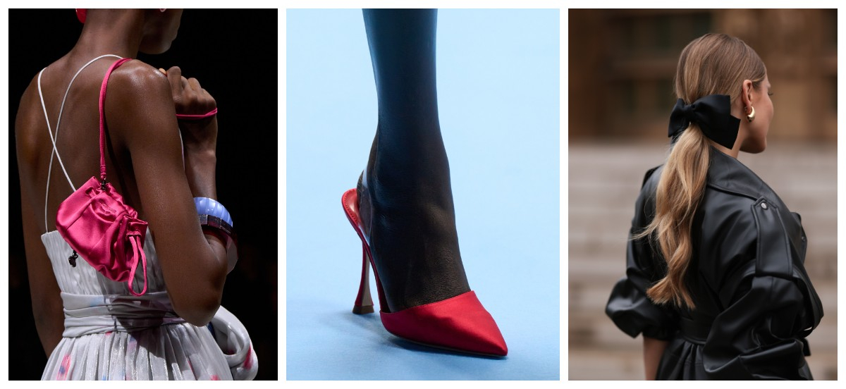 Satynowe dodatki będą kolorowy uzupełnieniem naszych wiosenno letnich stylizacji / satynowa torebka Emporio Armani, satynowe klapki Carolina Herrera (Fot. Spotlight. Launchmetrics, Jeremy Moeller/Getty Images )