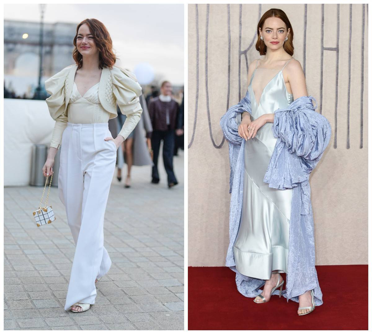 Emma Stone na pokazie Louis Vuitton jesień-zima 2024 oraz na pokazie Biednych istot w Londynie (Fot. Getty Images)