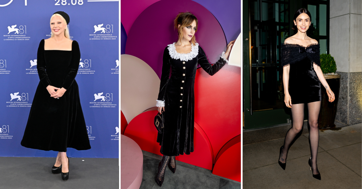 Lady Gaga, Kiernan Shipka i Lily Collins w czarnych welurowych sukienkach na różnych wydarzeniach.
