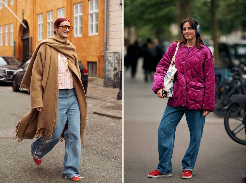 Czy do baggy jeans pasują sneakersy? Oczywiście, ale w 2024 roku nudnawe białe sneakersy zamieńcie na te w odważnym pomarańczu lub czerwieni (Fot. Spotlight. Launchmetrics, Raimonda Kulikauskiene/Getty Images)