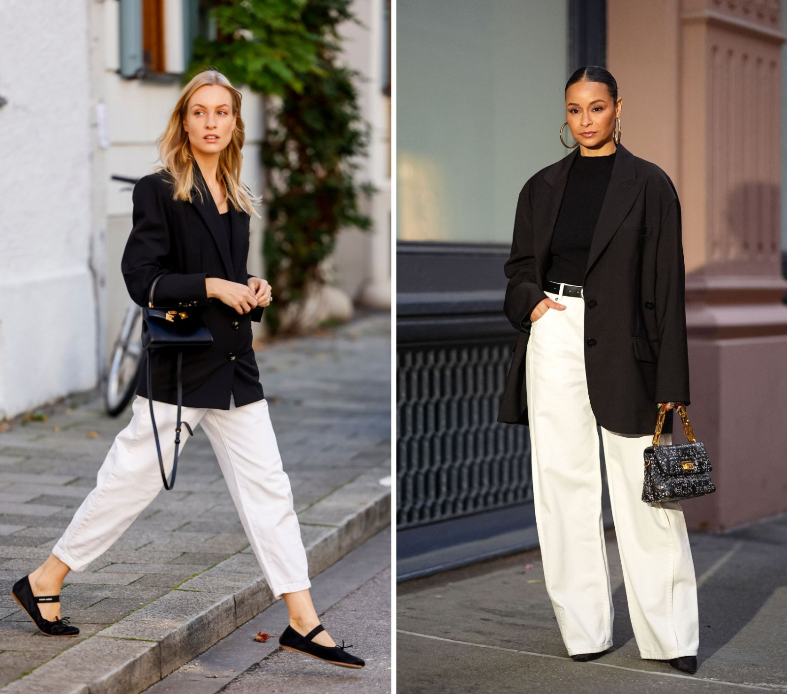 Kolor czarny zasługuje na uwagę. Jego barwę podbiją białe spodnie jeansowe. To patent na biały dół stylizacji (Fot. Streetstyleshooters, Edward Berthelot/Getty Images)