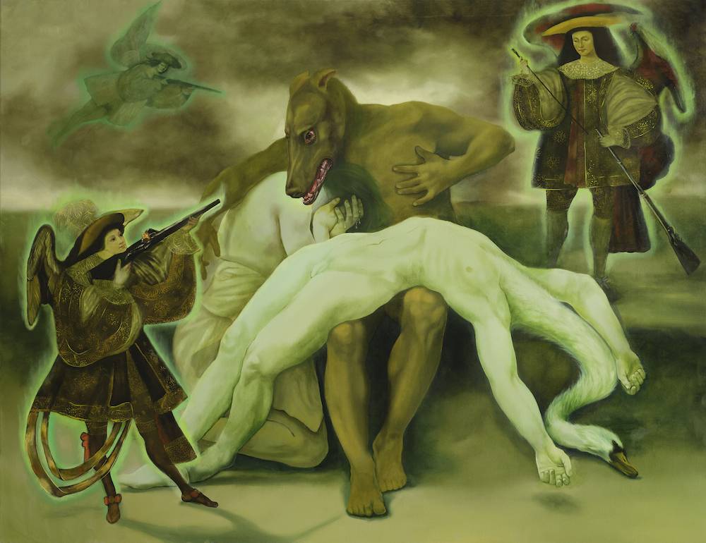 Krzysztof Gil, Aniołki (Angels), 2024, olej na płótnie, 140 × 180 cm. Dzięki uprzejmości artysty i Galerii Monopol