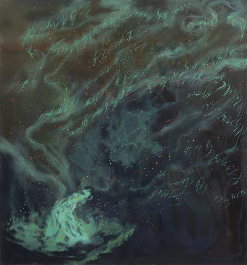 Krzysztof Gil, Czarna noc w biały dzień (Black Night in the White of Day), 2024, olej na płótnie, 150 × 140 cm. Dzięki uprzejmości artysty i Galerii Monopol