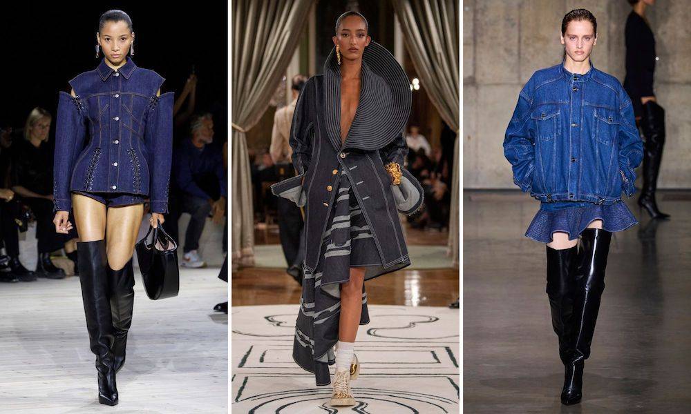 Nadchodzące trendy 2024 roku: Elegancki denim w każdej postaci (Fot. Spotlight. Launchmetrics / Agencja FREE / Alexander McQueen, Schiaparelli, David Koma)
